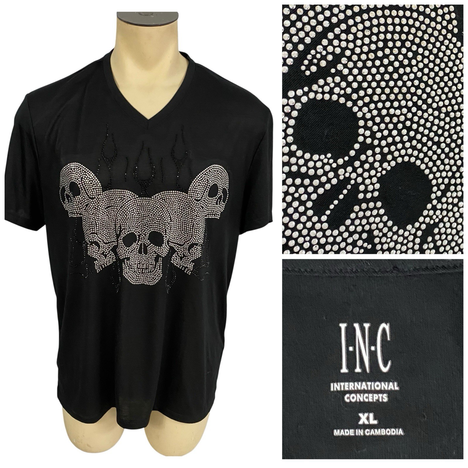INC Skull T Shirt Mens XL Silver Beaded Skeleton Goth Halloween Horror Party gallery