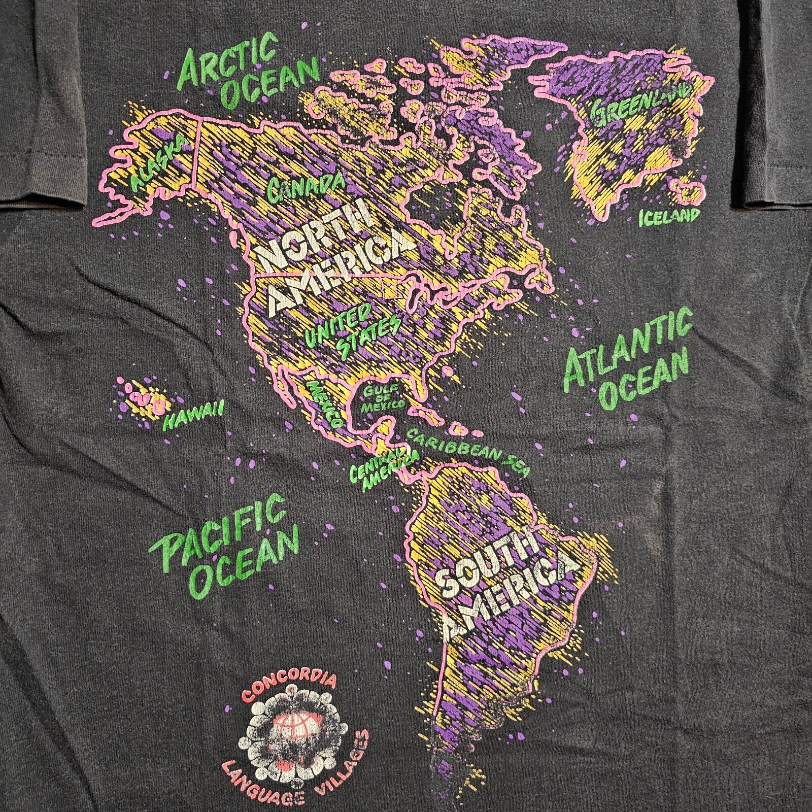Vintage 90s World Map Camp T-Shirt Mens L Black Double Sided Neon Rave Single S gallery