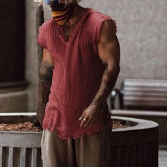 Men Vest Solid Color Casual Leisure Individual Old Style Loose Type Ripped Edge