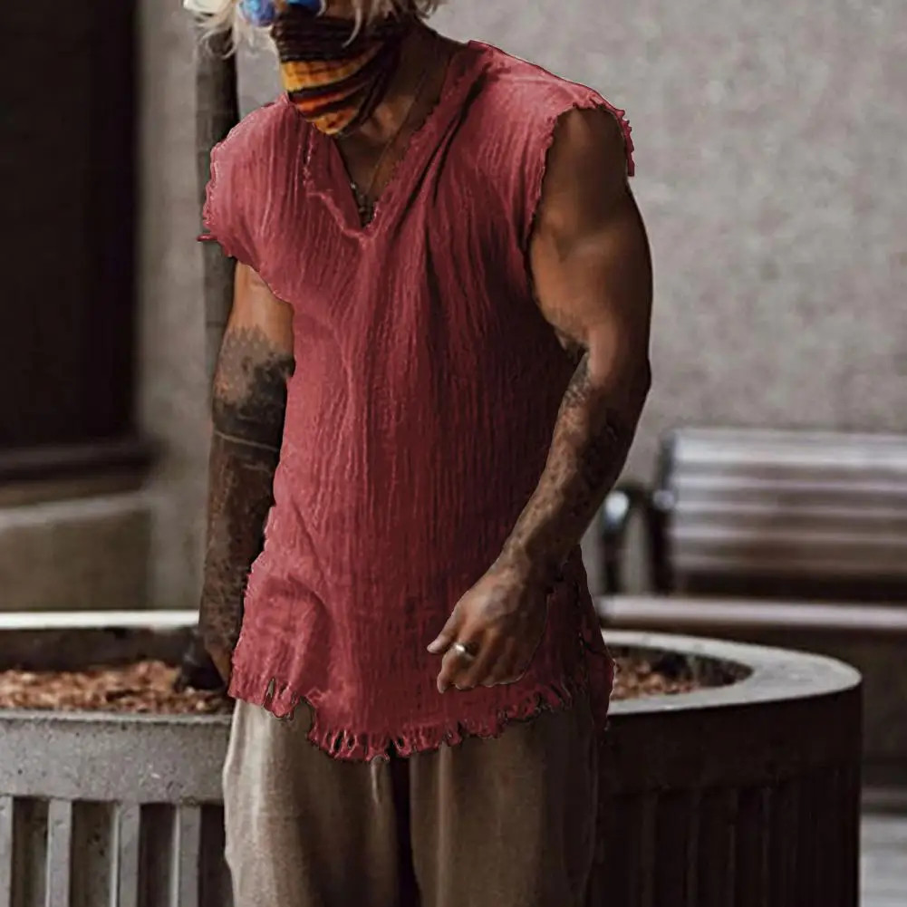 Men Vest Solid Color Casual Leisure Individual Old Style Loose Type Ripped Edge gallery