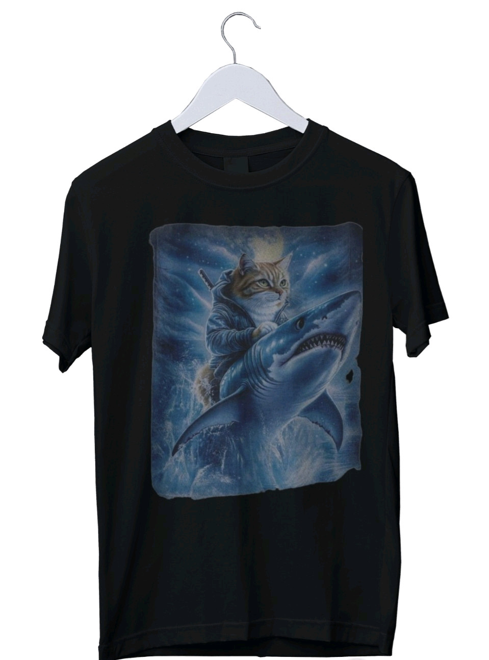 Funny-cat riding shark t-shirt-vintage Night Forest Graphic Shirt S M L XL 234XL gallery