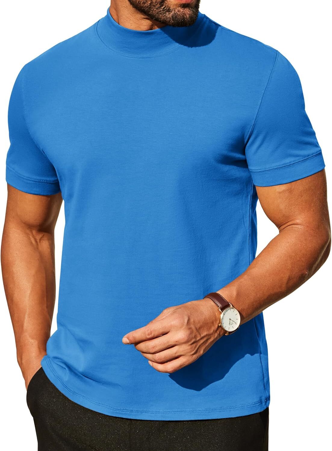 Mens Premium Cotton Short Sleeve Mock Turtleneck Half Neck Basic Tee Casual Fit gallery