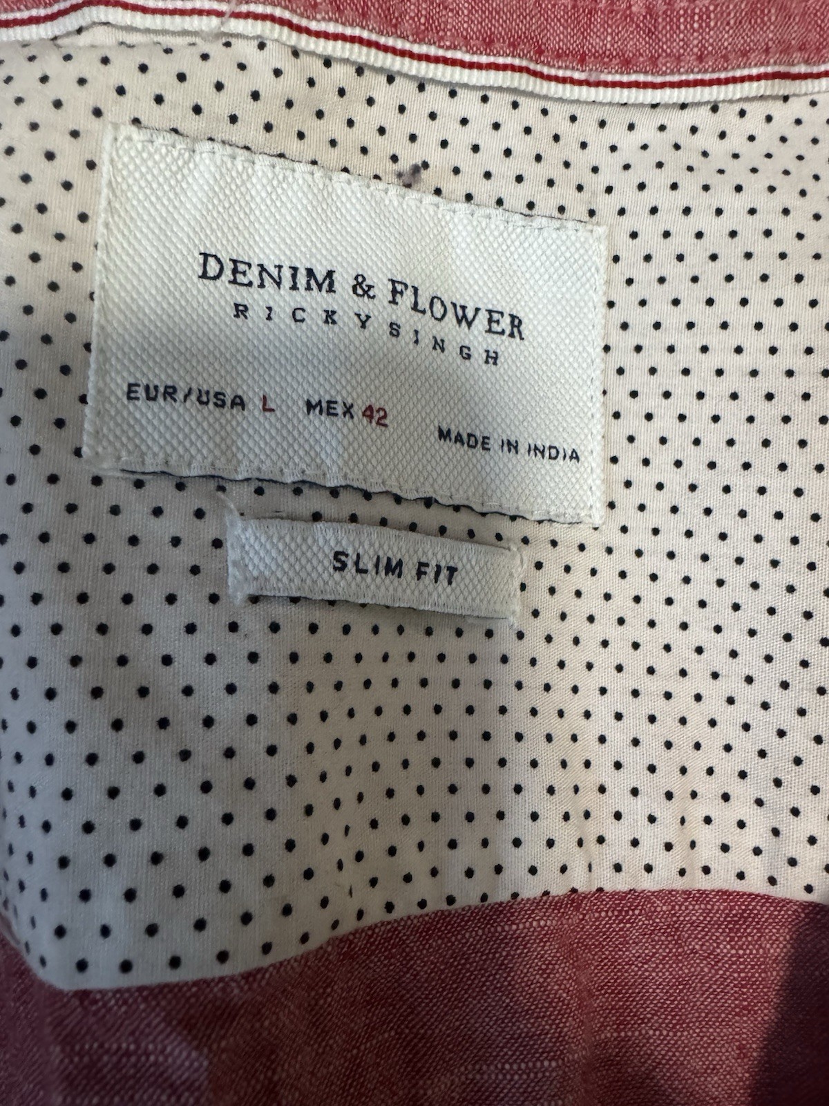 Denim & Flower red shirt with white bird-like figures, size L gallery
