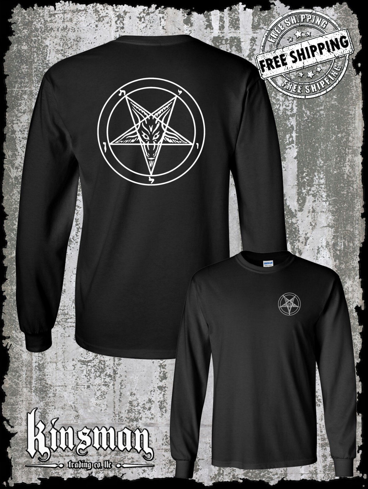 Baphomet Pentagram Long Sleeve 2-Sided T-Shirt Satanic Church Evil Metal Occult gallery