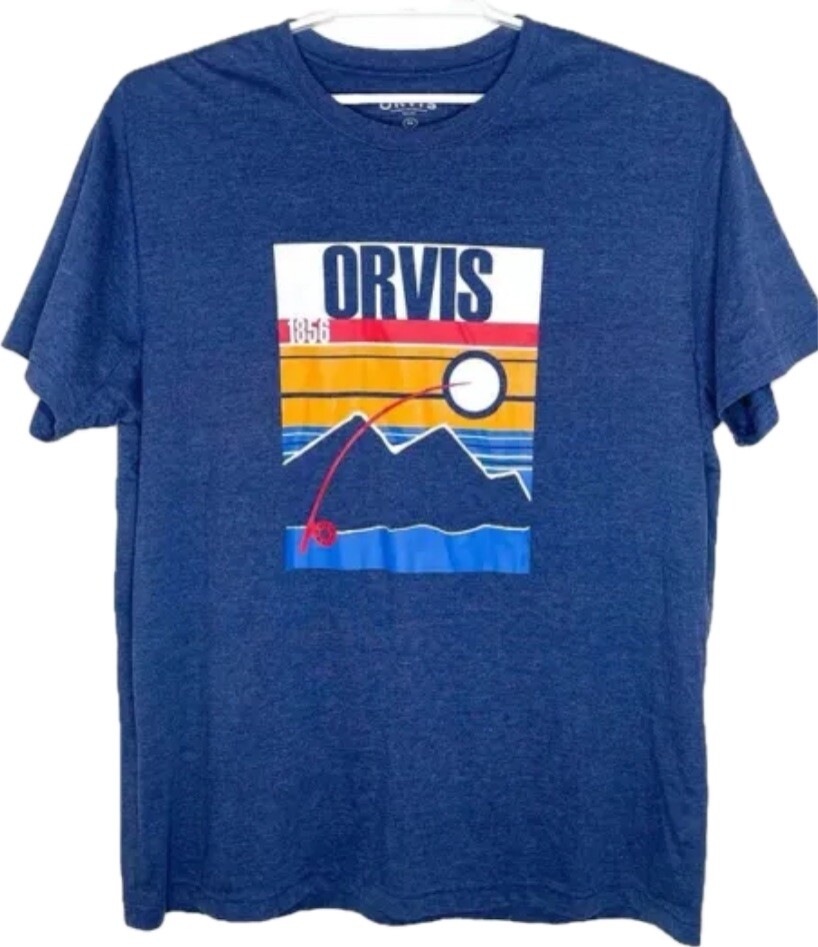 Orvis Classic Fit 1856 Fishing Graphic Mountain T Shirt Blue Mens Size Medium..