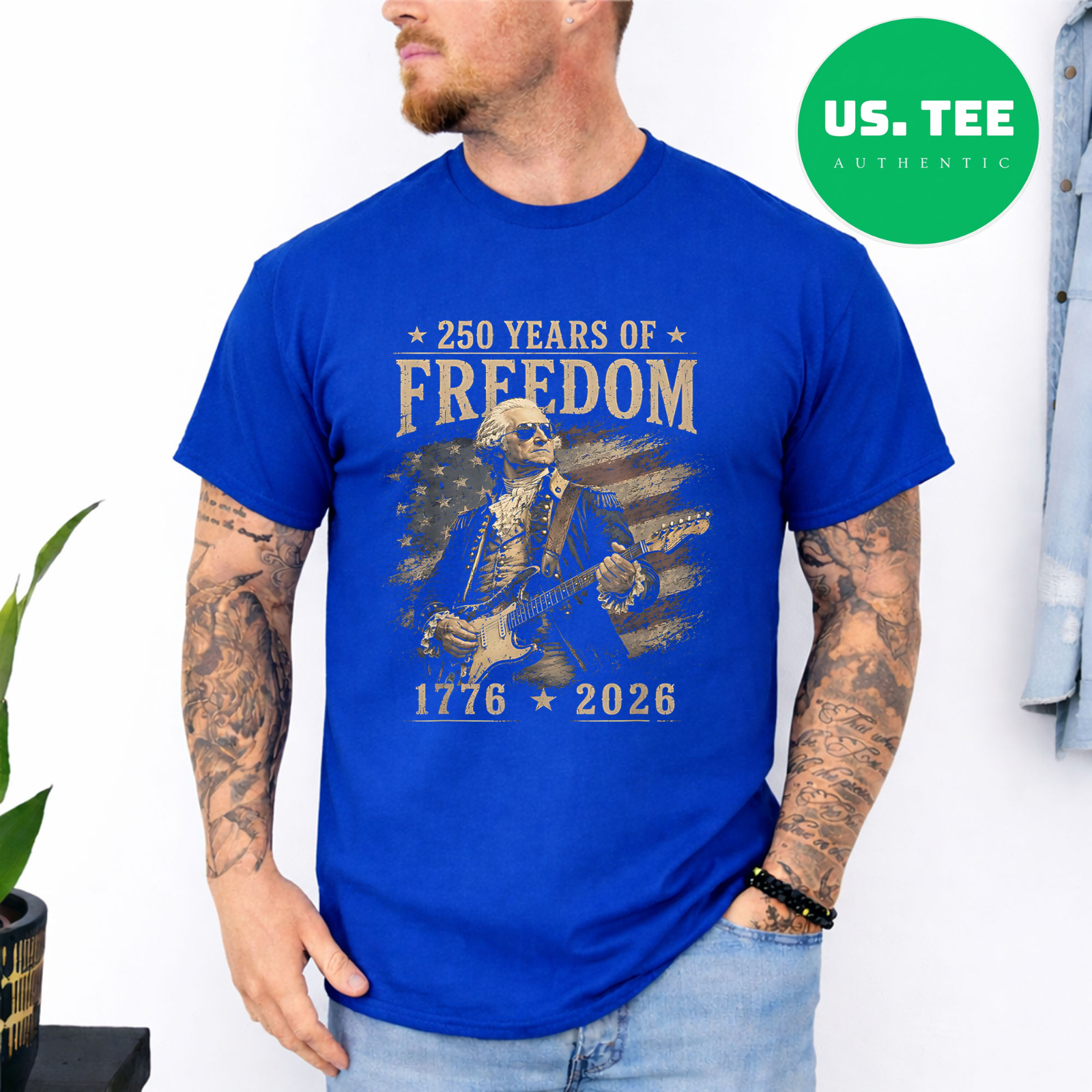 250th Anniversary George Washington Playing Guitar 4th July T-Shirt gallery