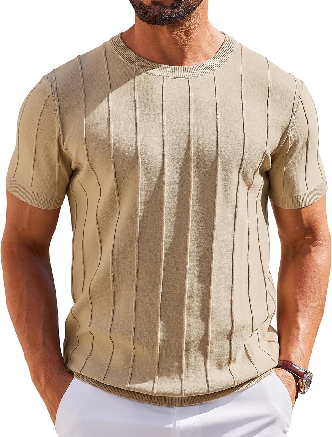 Men's Casual Short Sleeve Knit T-Shirt - Ribbed Crewneck Pullover Tee gallery
