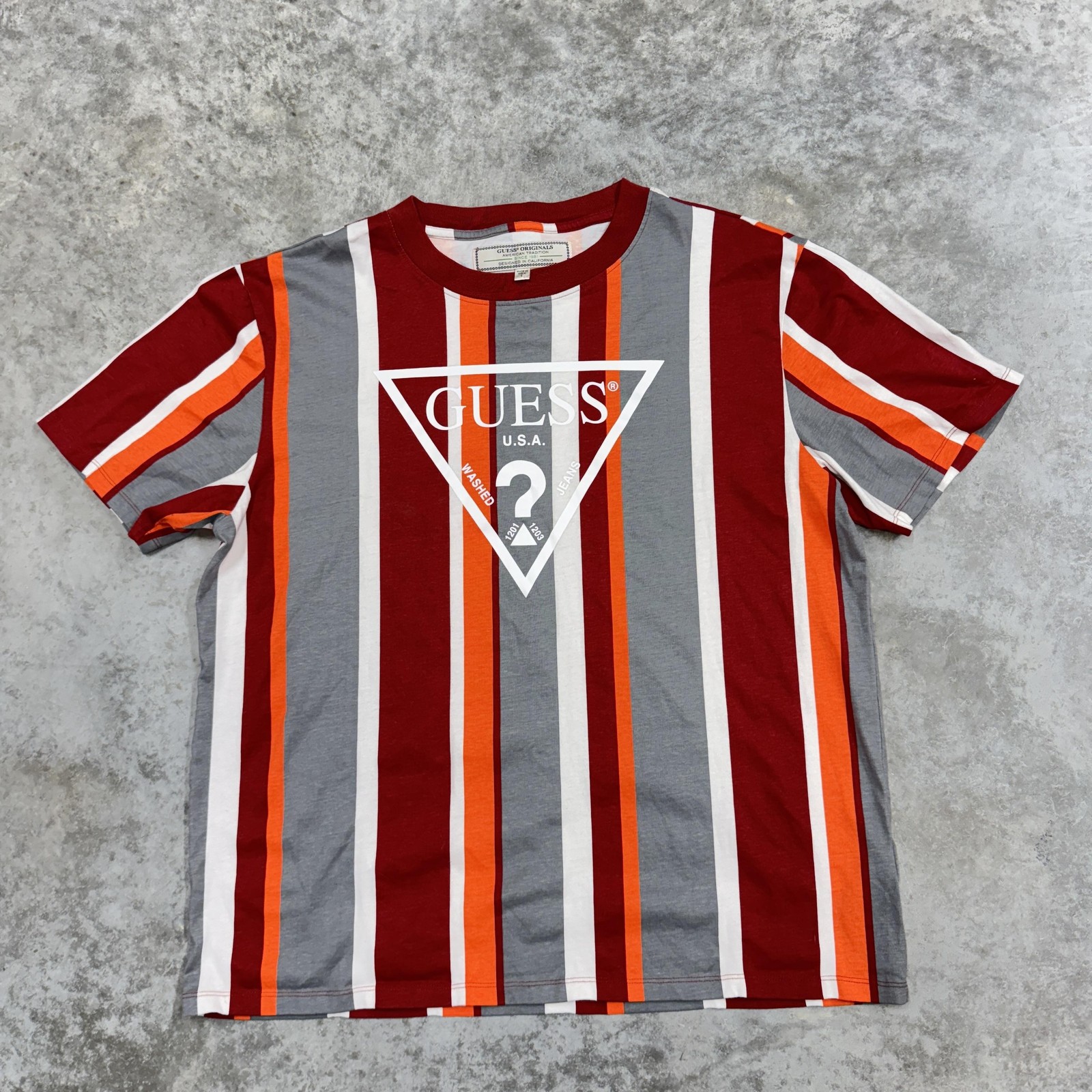 Guess Originals Shirt Mens Large Red Gray Orange White Stripe Triangle Graphic gallery