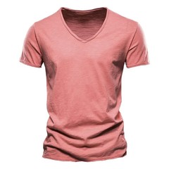 2024 hot summer men’s new solid color V-neck pure cotton short sleeved T-shirt h