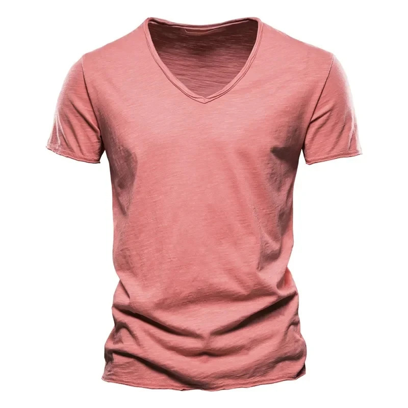 2024 hot summer men's new solid color V-neck pure cotton short sleeved T-shirt h gallery