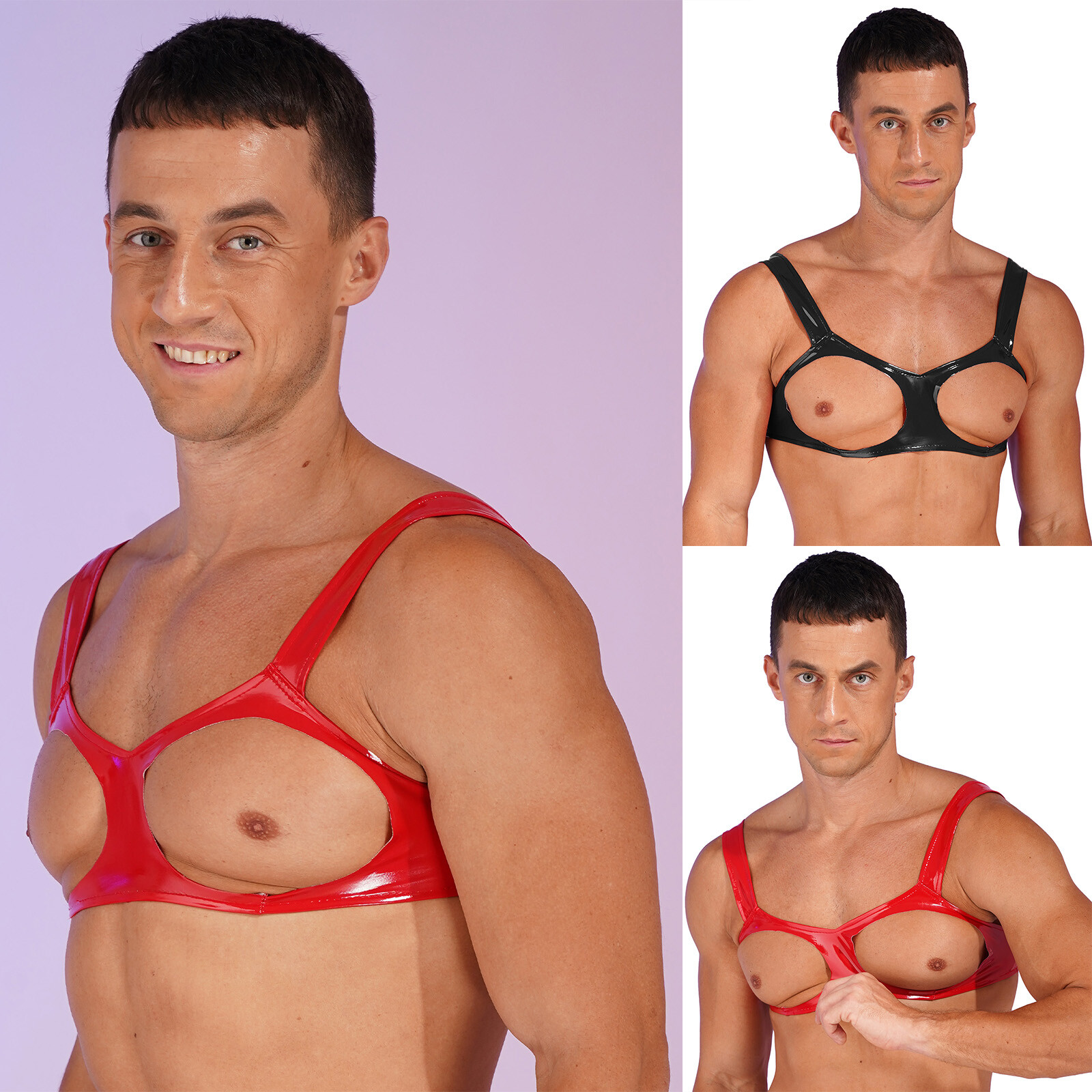 US Mens Wet Look Top Hollow Out Bra Unlined Wire-free Bralette Naughty Lingerie gallery