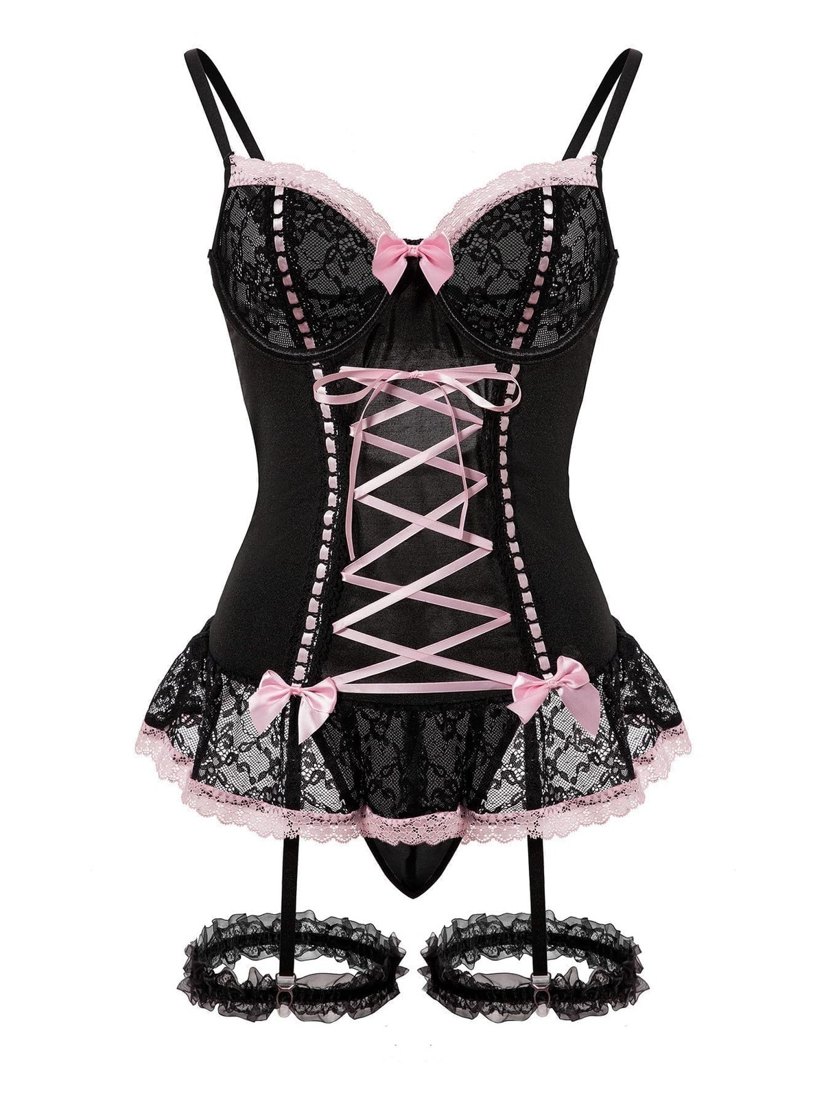 Sexy Mesh Corset Ruffle Lace Up Underwire Sheer Garter Belt Babydoll Lingerie... gallery