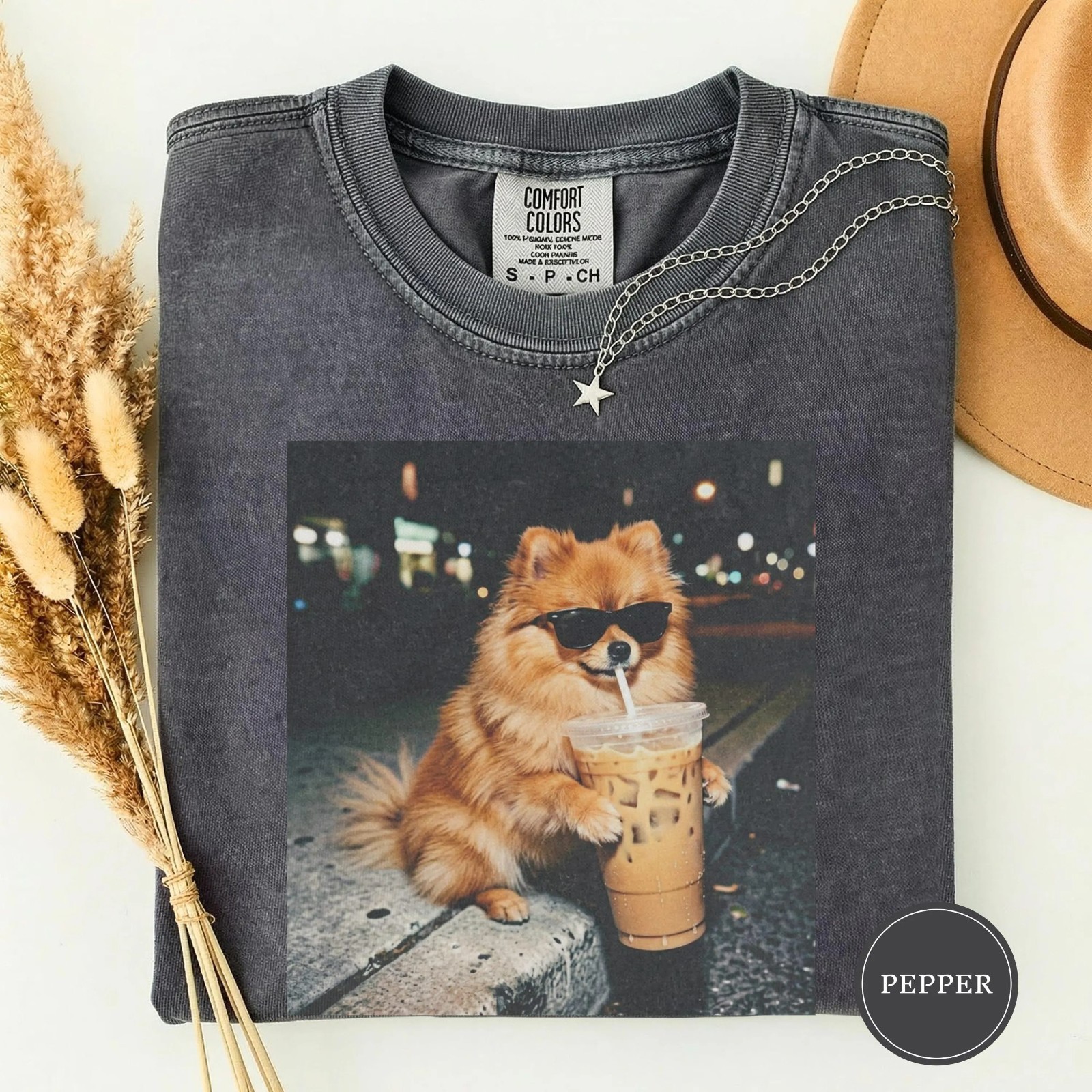 Funny Pomeranian Drinking Iced Coffee Shirt, Animal Meme Tee T-Shirt