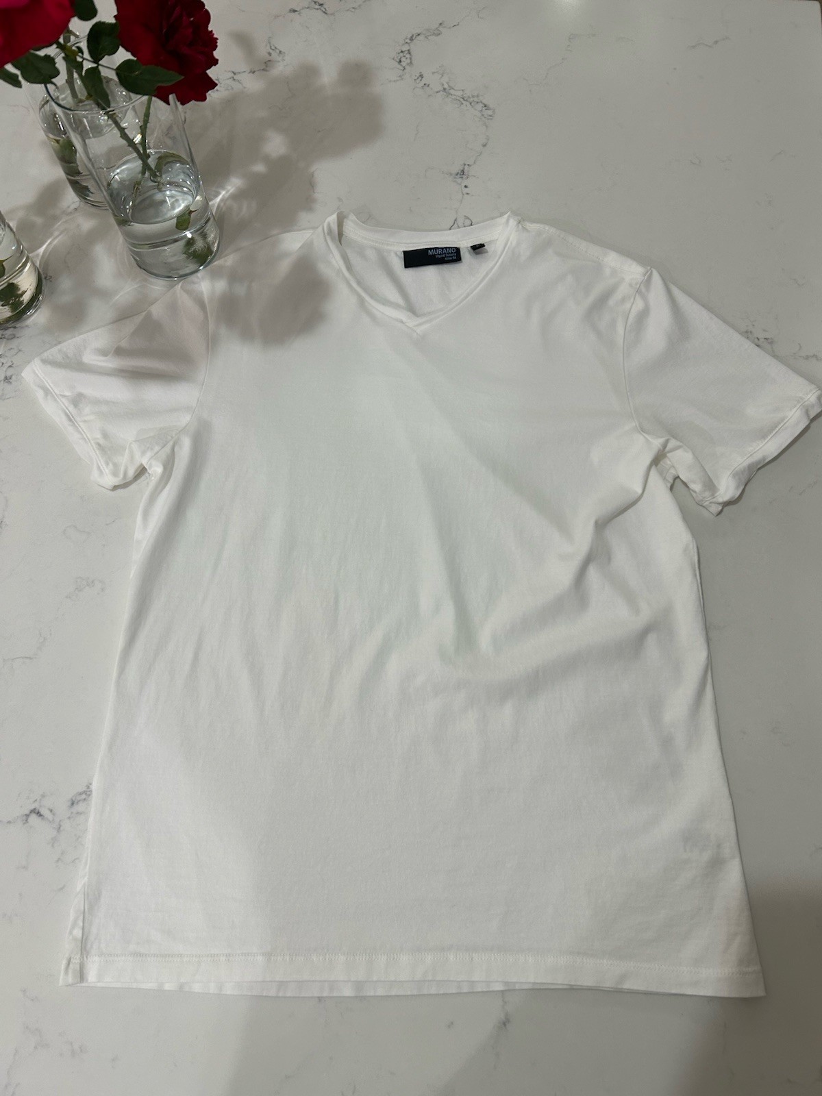 Lot of 2 Murano Men's Large Slim Fit V-Neck Short Sleeve Tee White Navy Blue gallery