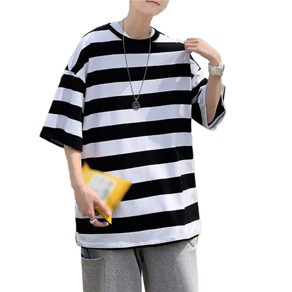 Men O Neck Short Sleeve Wide Striped T-Shirts Casual Loose Fit Blouse Tops Tee gallery