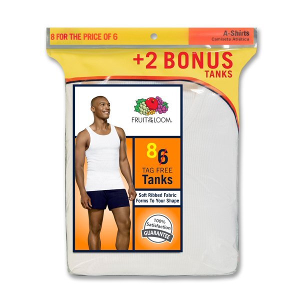 Fruit of the Loom®  Men’s White A-Shirts, 6+2 Bonus Pack “100% Cotton”