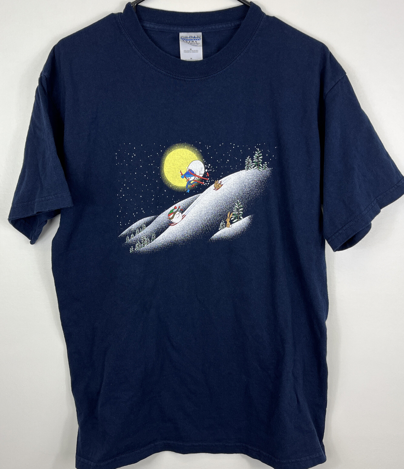 Winter Holidays Frosty Snowman Skiing Tshirt Blue Adult M Christmas Y2ks