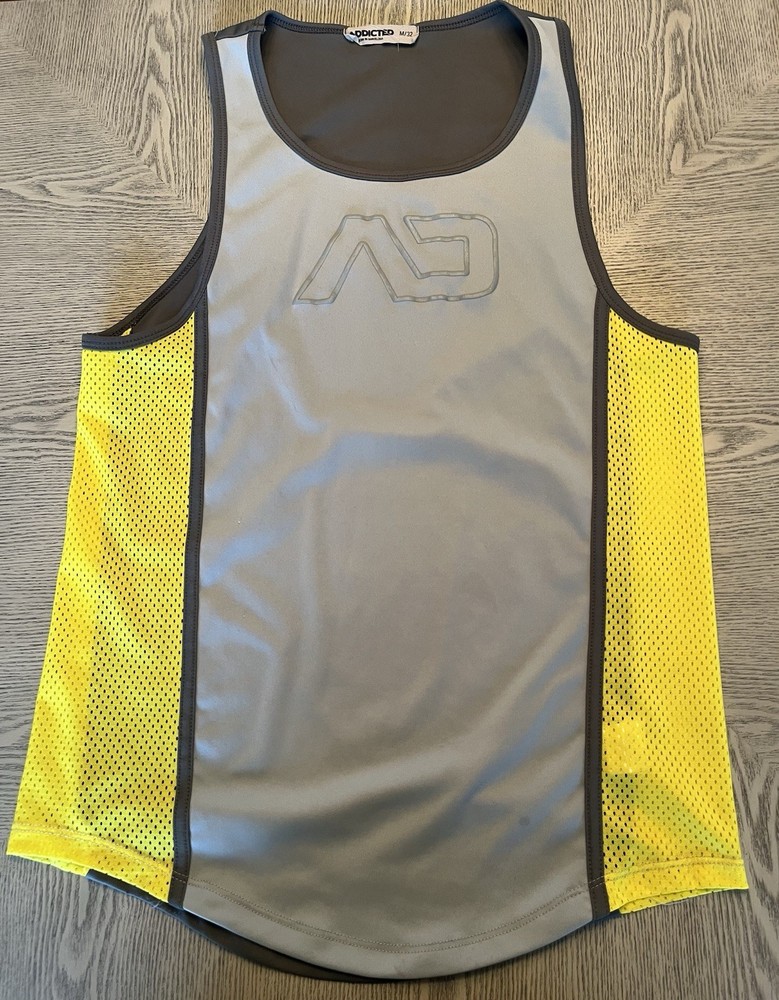 Addicted Dark & Light Gray & Yellow Mesh Tank Top Sz. M/ 32 See Thru on Sides