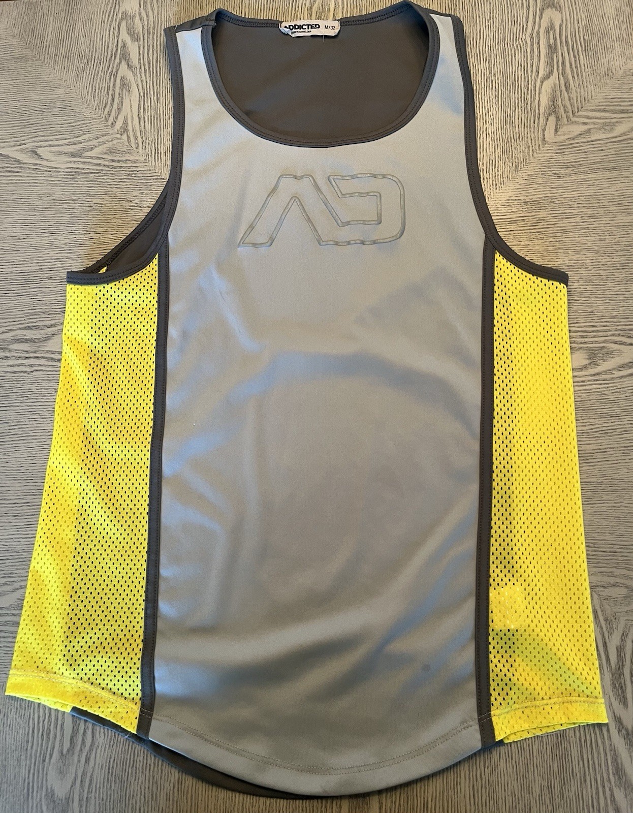 Addicted Dark & Light Gray & Yellow Mesh Tank Top Sz. M/ 32 See Thru on Sides
