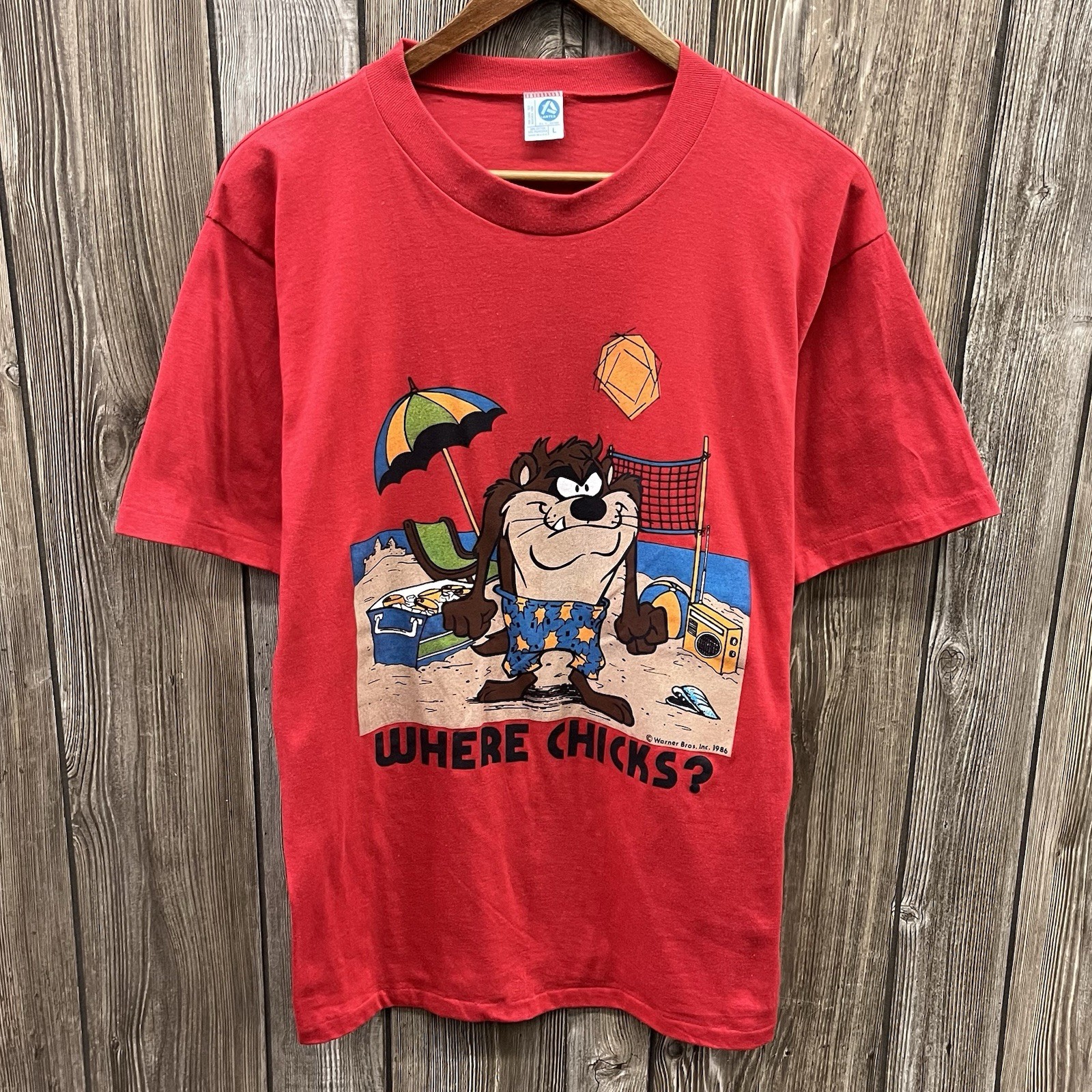 Vintage Warner Bros Looney Tunes Taz Beach Graphic Tee Shirt Red 80s Mens Large