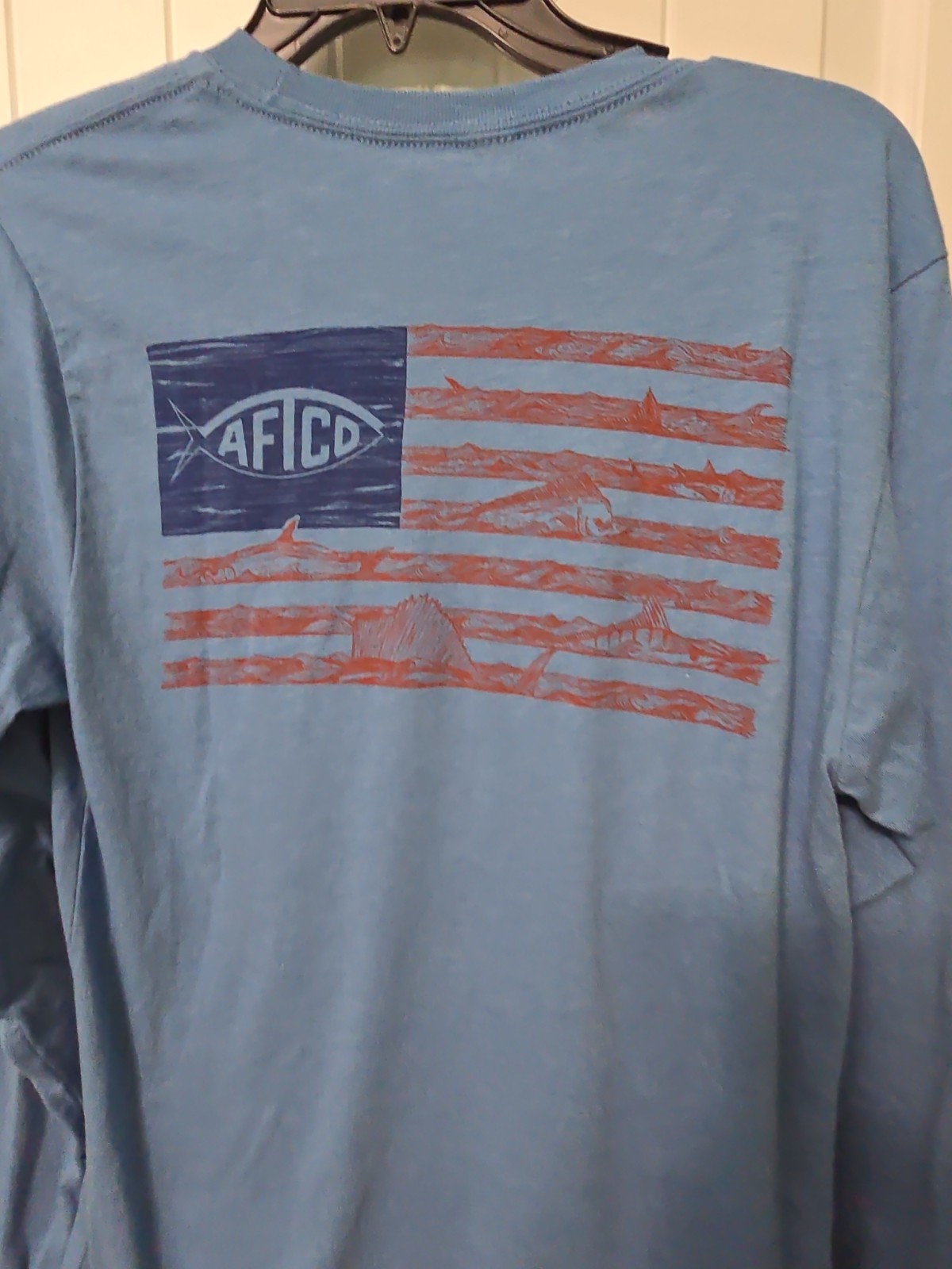 AFTCO American Flag Long Sleeve Shirt Marlin Graphic Blue Tee Fishing Mens Small gallery