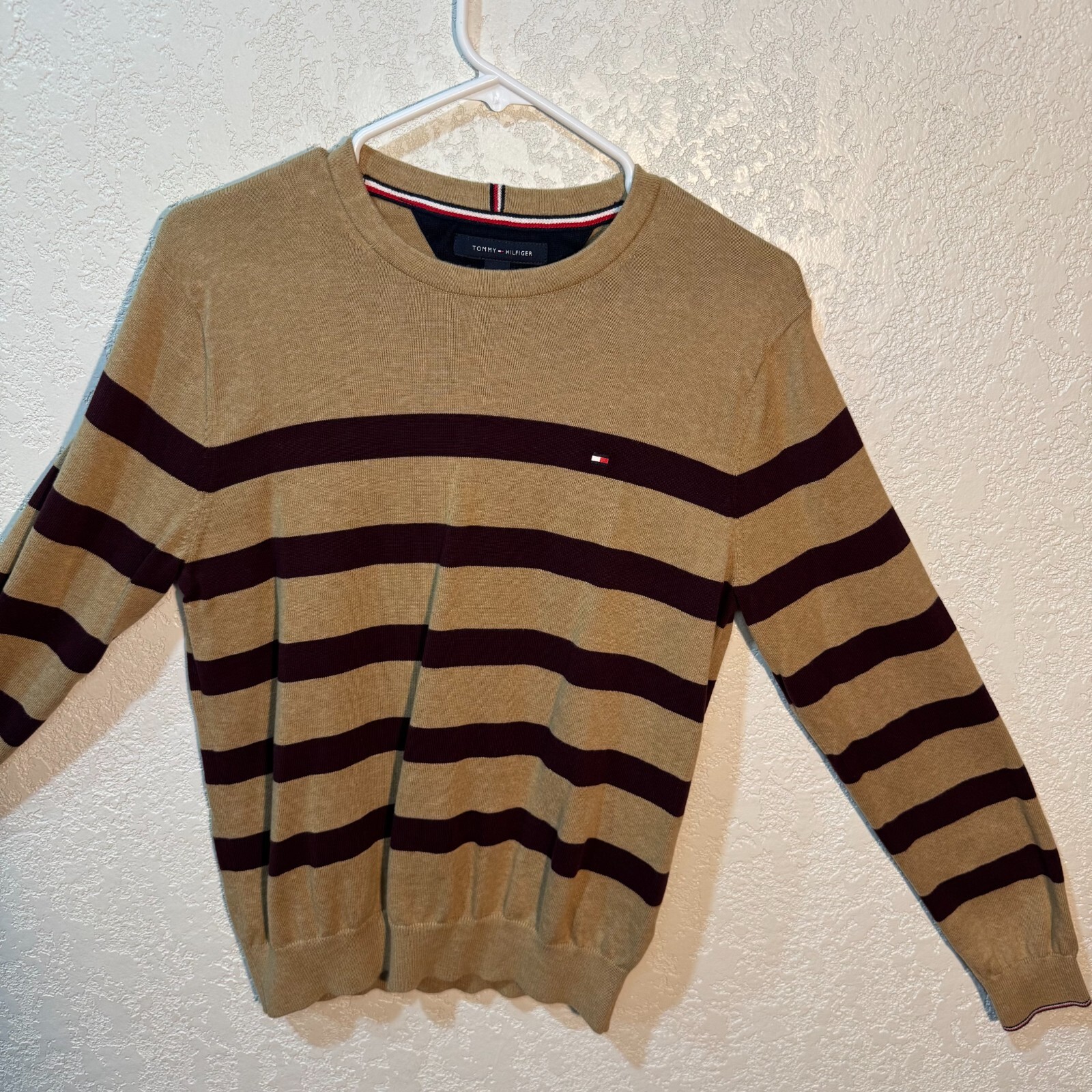 Tommy Hilfiger Long Sleeve Stripped Mens Sweat Shirt-Color Biege with Maroon gallery