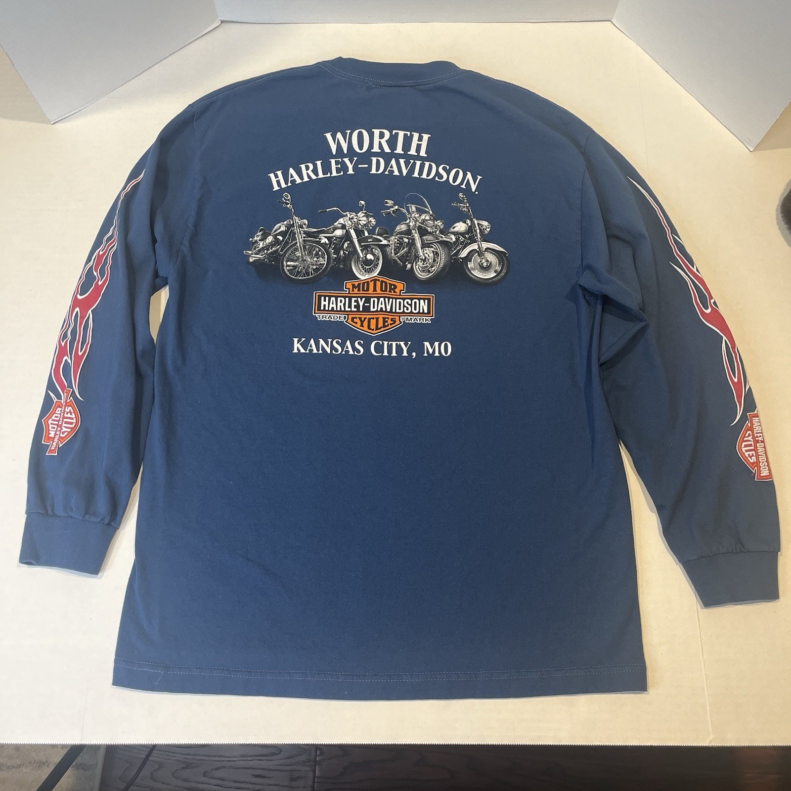 Harley Davidson Large Blue Long Sleeve Graphic T Shirt Kansas City Flames Clean gallery