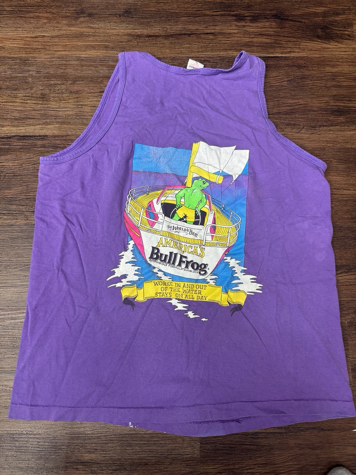 Vtg 90s Bullfrog Amphibious Formula Sunblock Hunt Distressed Tshirt Size XL gallery