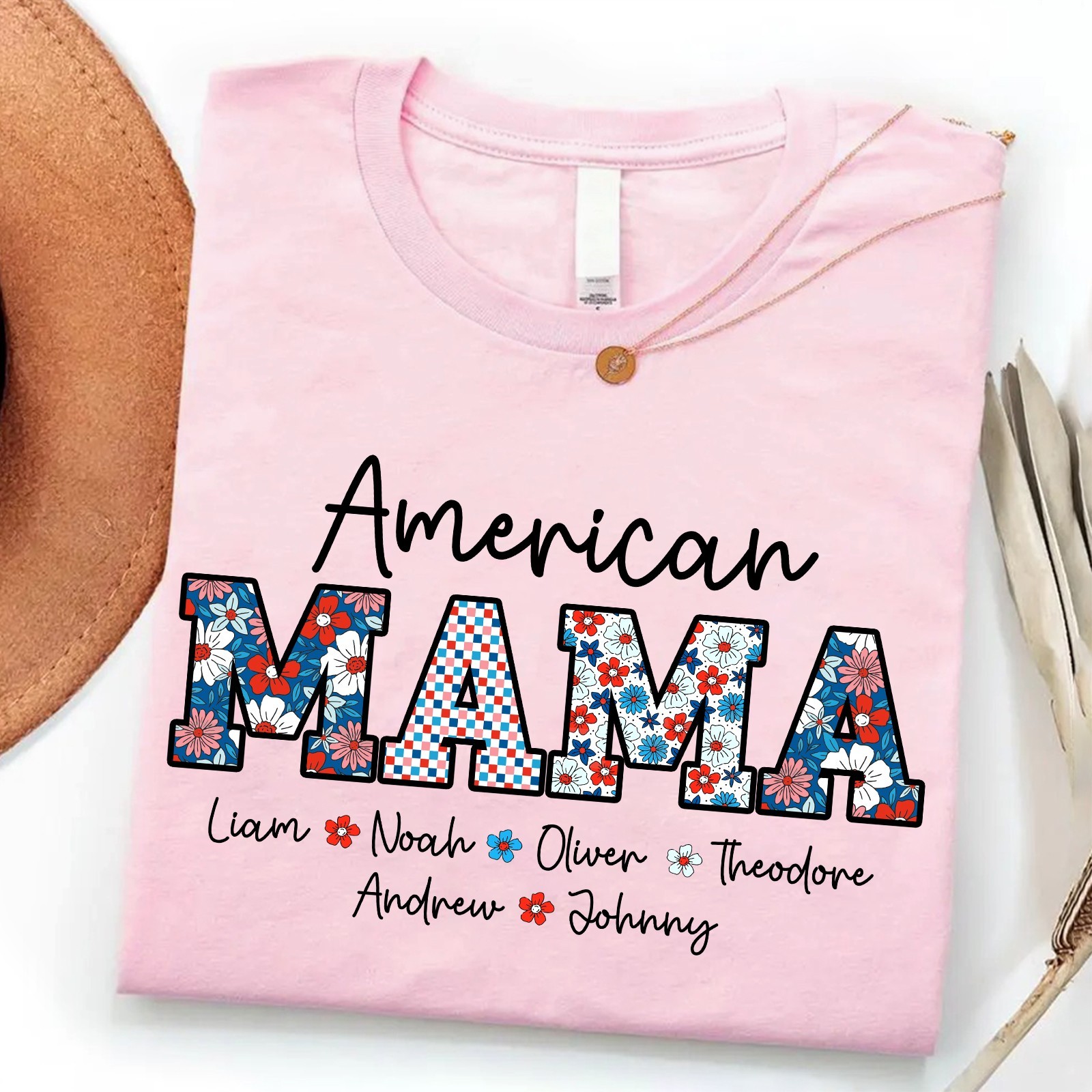 Personalized American Mama Shirt Kids Names Patriotic 4th of July Mom Gift Tee gallery