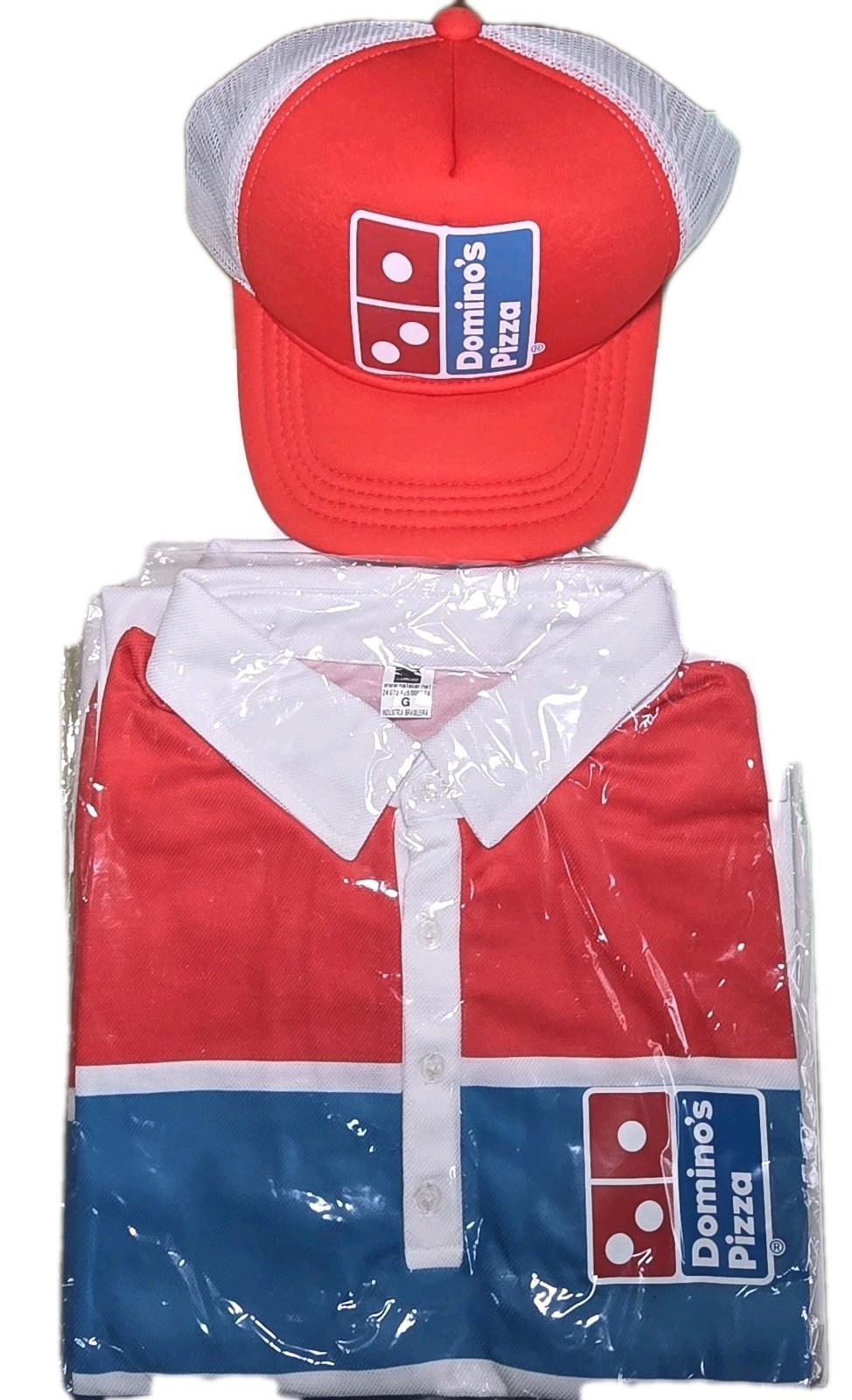 Domino's Pizza Employee Red White Blue Work Shirt Size G (Large) & Hat gallery