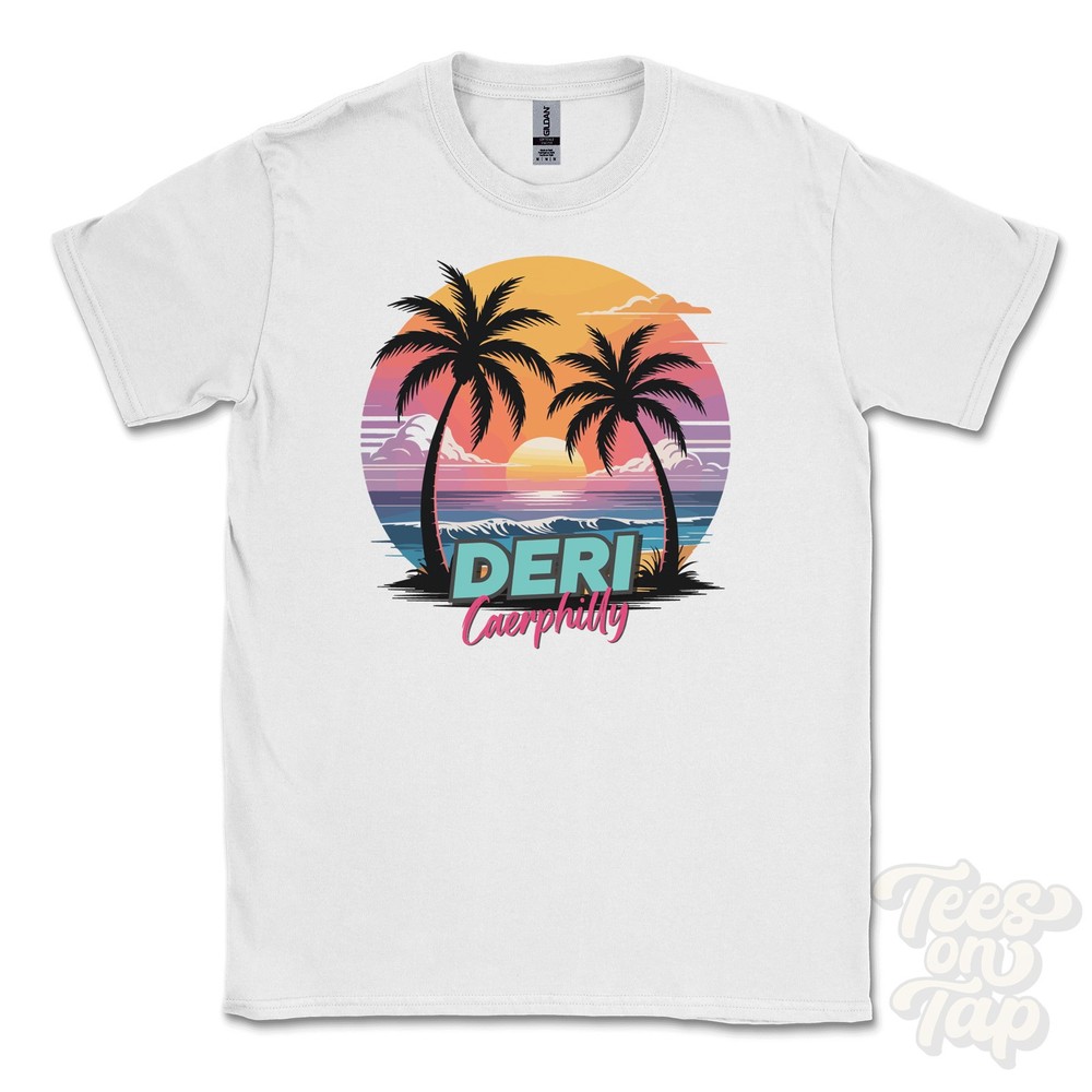 DERI CAERPHILLY T-SHIRT – Retro Miami Style Funny UK Summer Parody