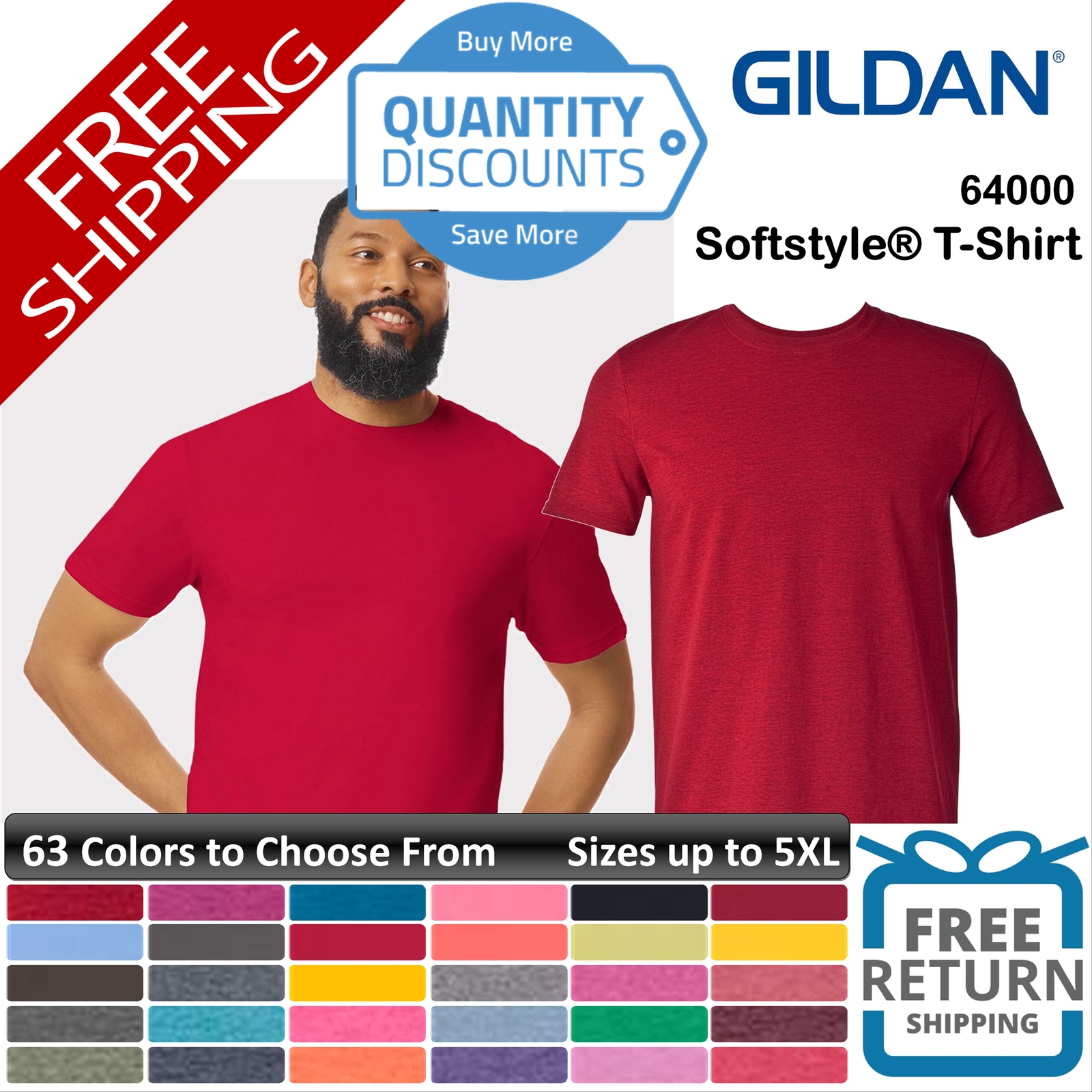 Gildan Men Softstyle T-Shirt Cotton & Blends Short Sleeve Up To 5XL 64000a