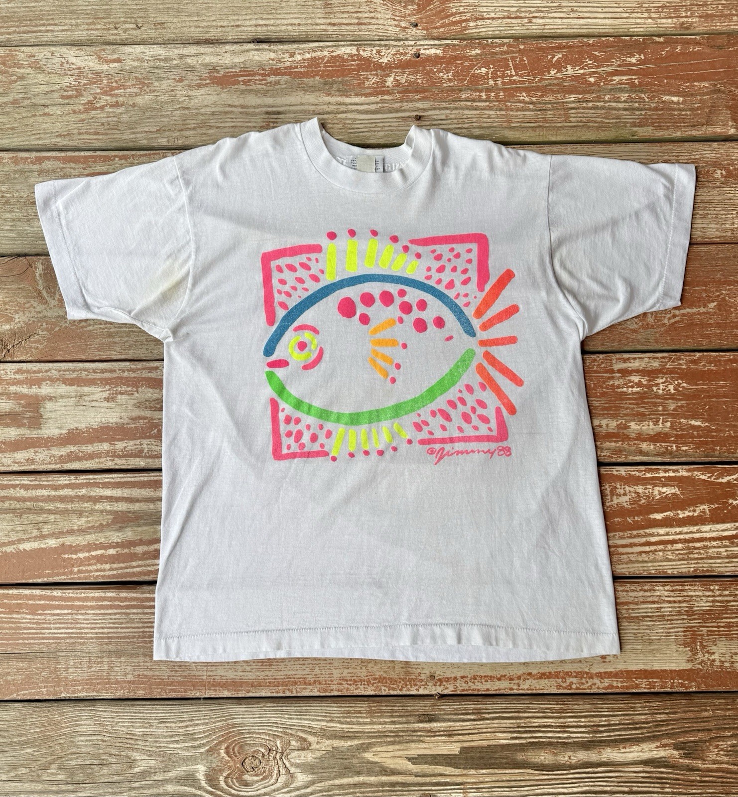 Vintage 80s Nature/Art T-Shirt Mens XL White Single Stitch Colorful Fish 1988