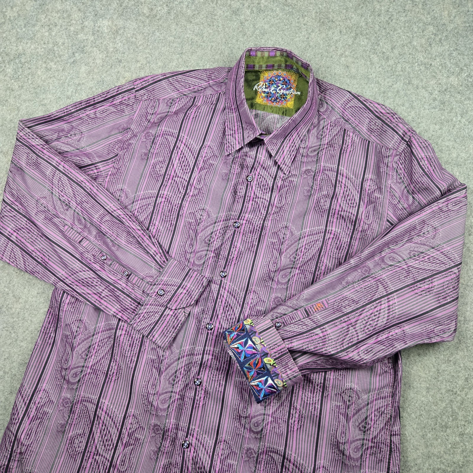 Robert Graham Button Up Shirt Mens 2XL Purple Paisley Floral Flip Cuff Preppy gallery