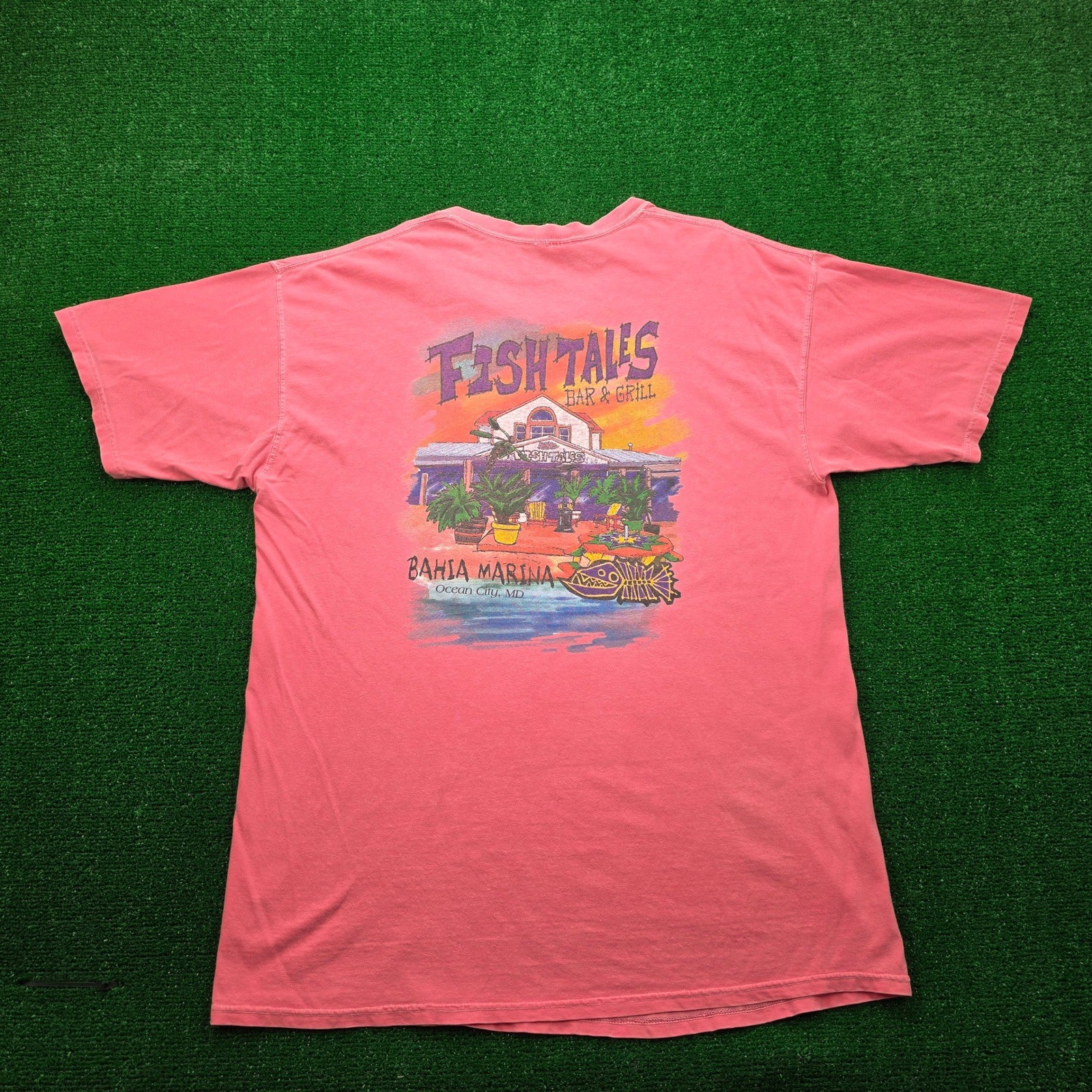 Fish Tales Bar & Grill Bahia Marina Tshirt Mens XL Coral Pink Ocean City MD
