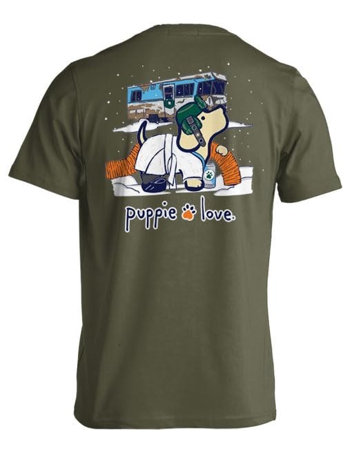 Puppie Love Christmas T-Shirt, RV Pup, Military Green, Casual Short Sleeve