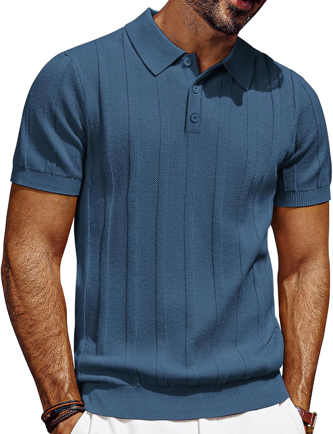 Mens Short Sleeve Polo Shirt Textured Knit Ribbed Casual Golf Style Soft Comfort gallery