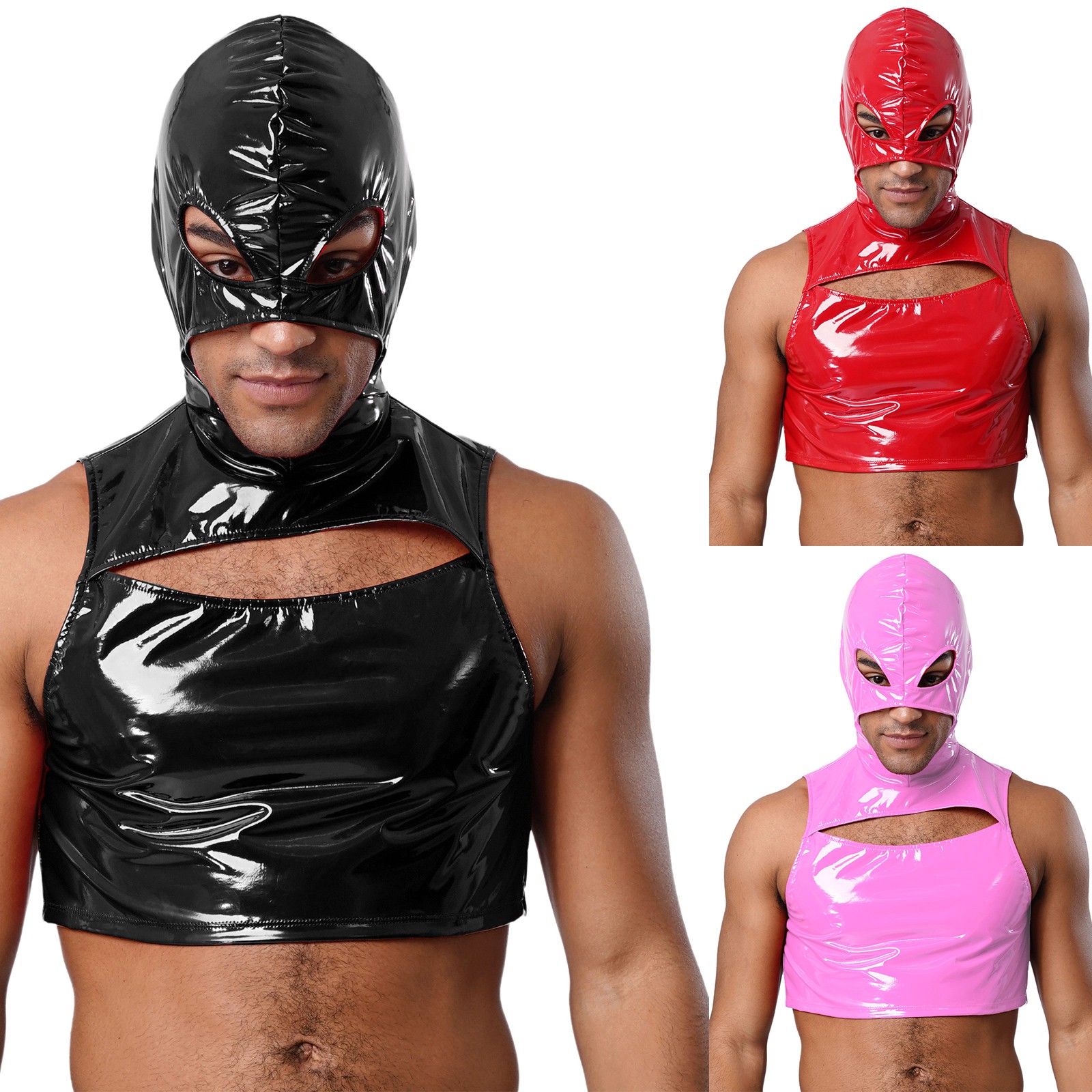 Mens Sexy Tops Patent Leather Mask Hooded Crop Top Wet Look Hooded Undershirts gallery