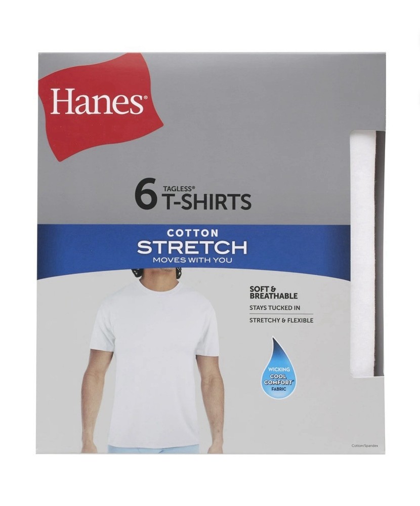 6-Pack HANES Men’s Size L Cotton Stretch T-Shirts Crewneck Undershirts – White