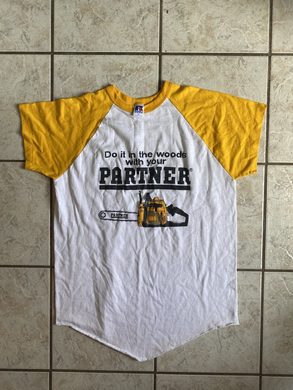 Vintage 1970’s 80’s Partner Chainsaws Workwear Sex Joke russel Ringer Tee Shirt gallery