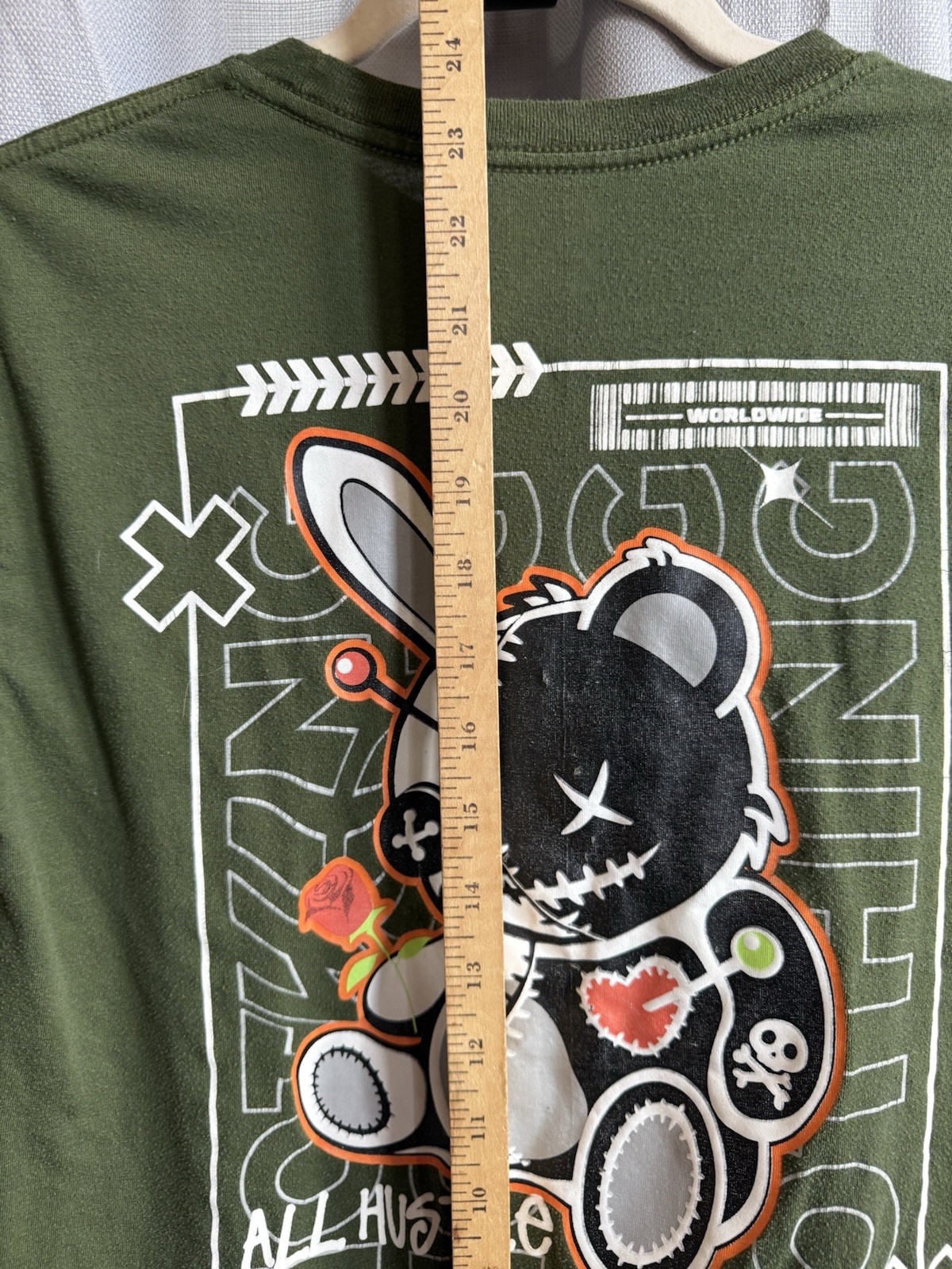 Shirt Youth Sz L 14/16 Olive Green Lucky Charm Sewn Voodoo Bear No Luck gallery