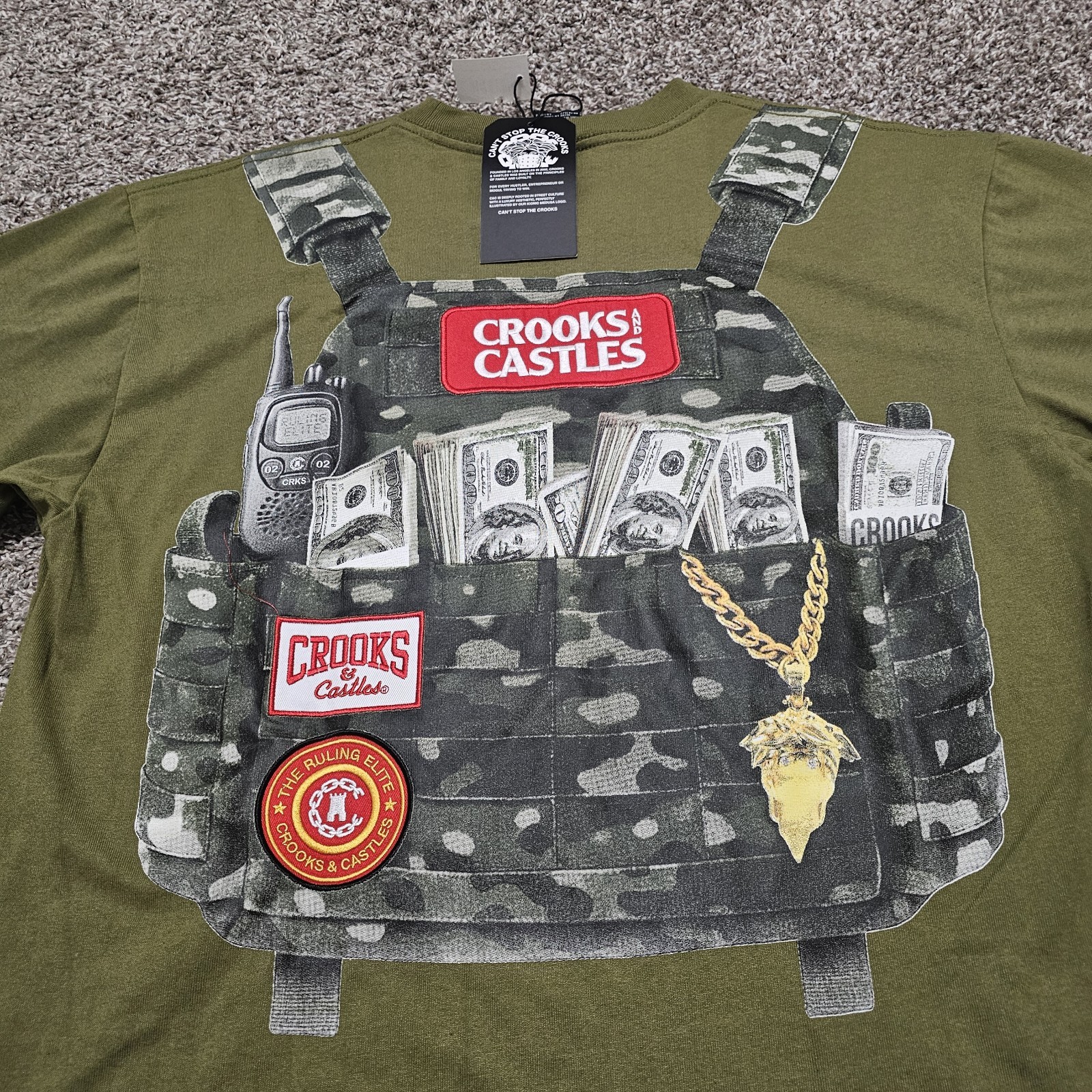 Crooks & Castles Mens L Moneybag Drop Shoulder Tee ShortSleeve T-Shirt Olive NWT gallery