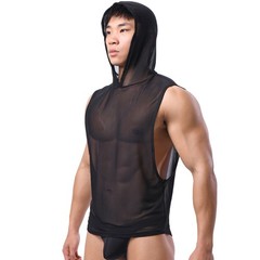 Mens Mesh Loose See-through Workout Vests Tank Tops Hooded Sleeveless T-Shirts