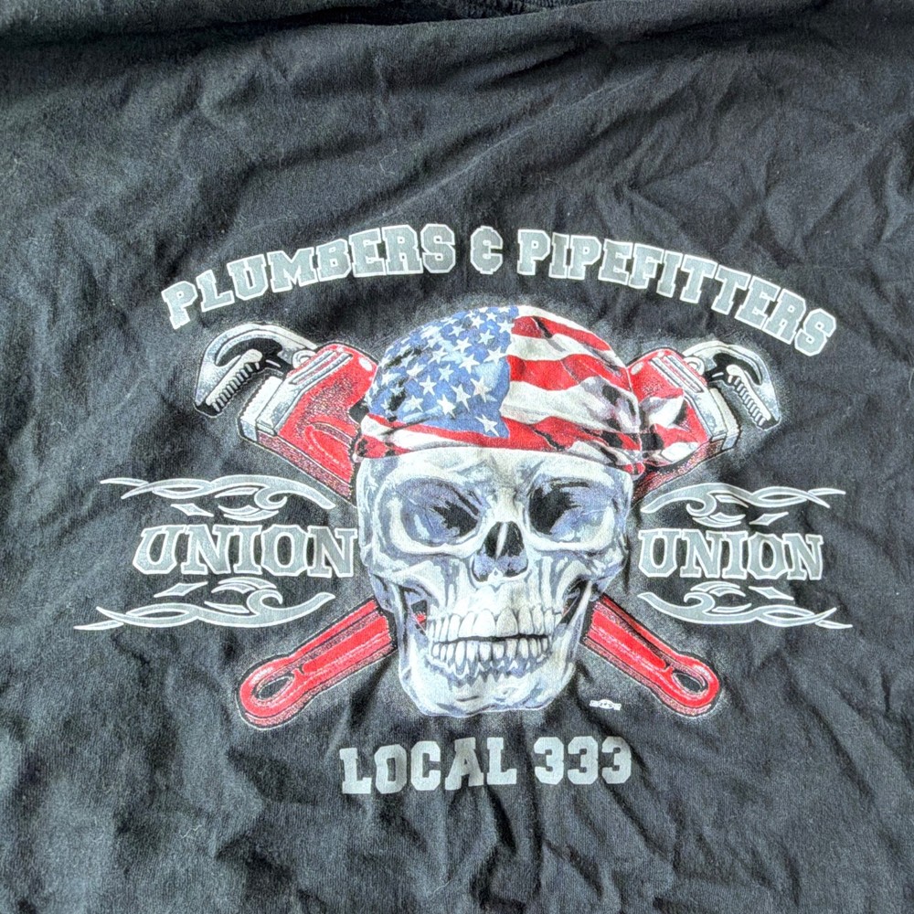 Union Line UA Local 333 Plumbers Pipefitters Skull Pocket Tee Black XXL