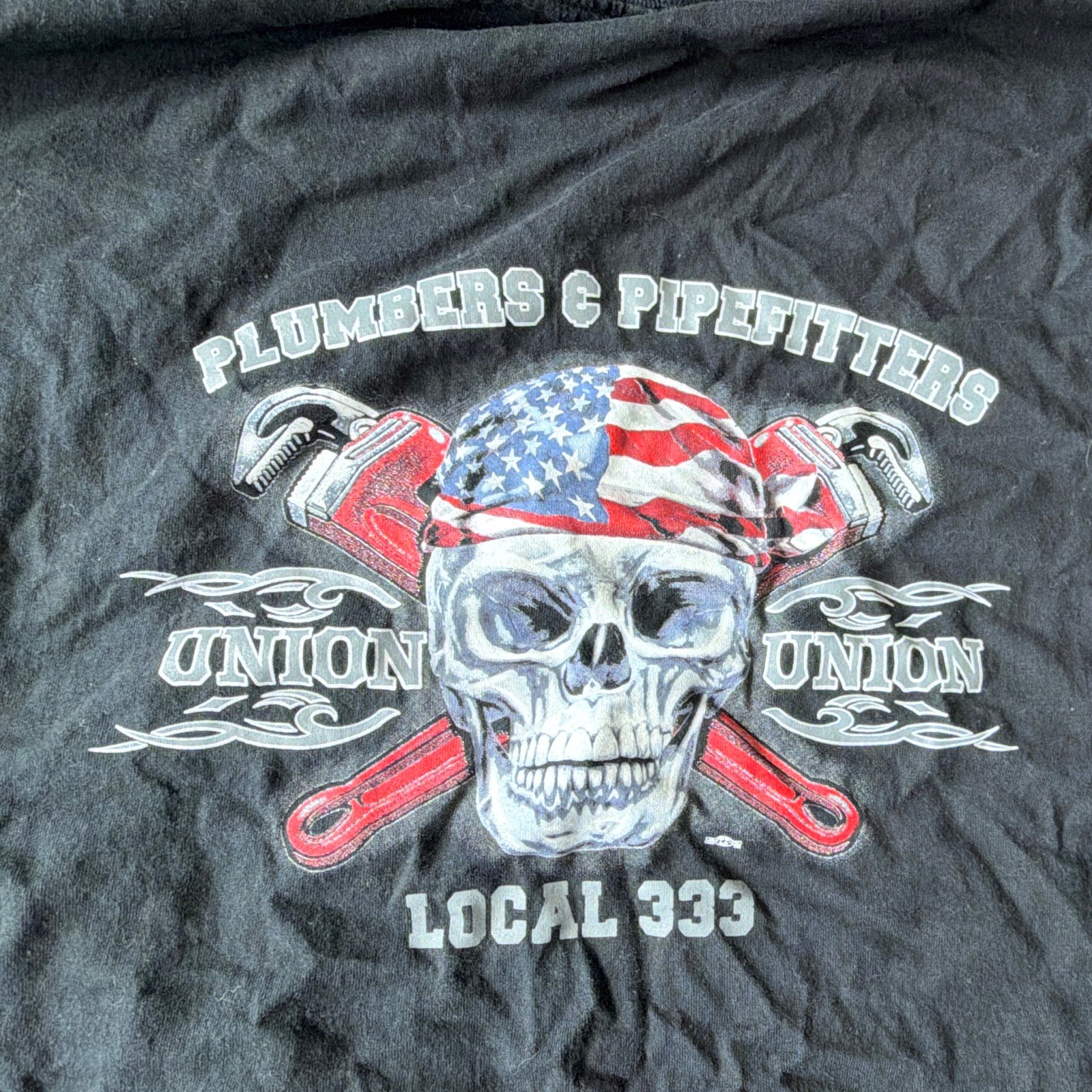 Union Line UA Local 333 Plumbers Pipefitters Skull Pocket Tee Black XXL