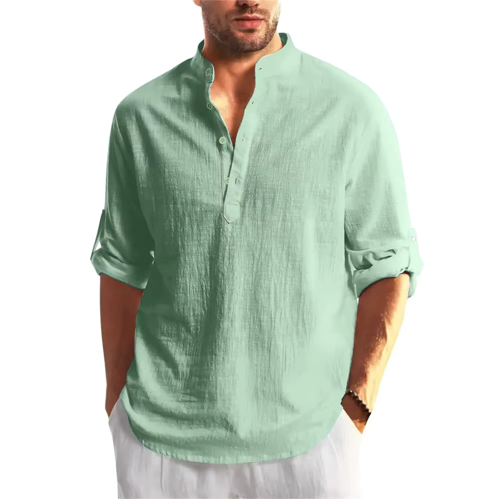 Men’s Cotton Linen Henley Long Sleeve T-Shirt Breathable Casual Autumn Top Tee gallery