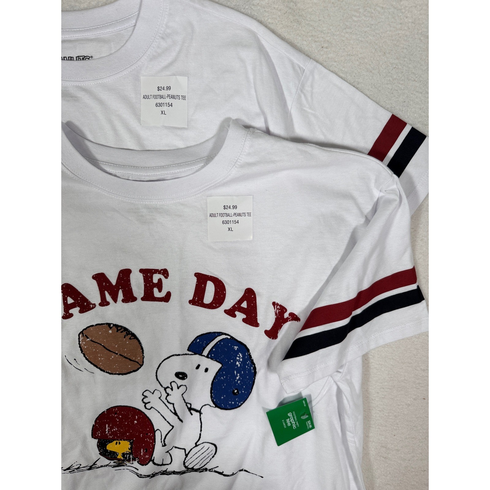 2 Lot Peanuts Snoopy Game Day Football Graphic Tee White Varsity Stripe XL NWT gallery