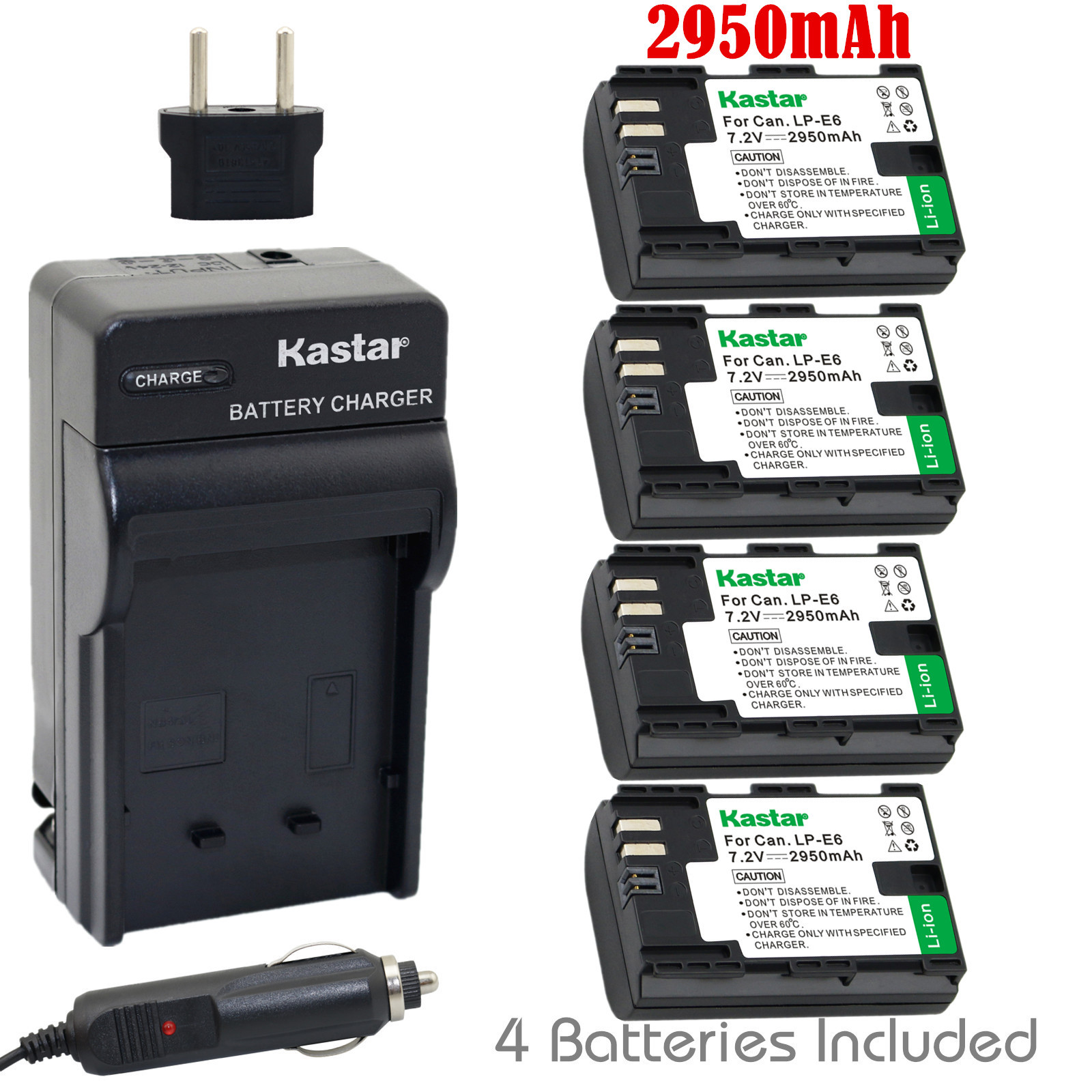 Kastar 4 Battery & Charger kit for Canon LP-E6 LP-E6N LPE6 LPE6N LC-E6