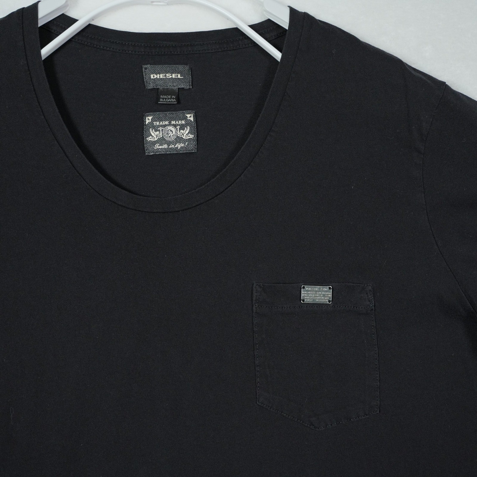 Diesel Mens Black Scoop Neck Pocket T-Shirt Metal Logo Plaque XL Cotton Bulgaria gallery