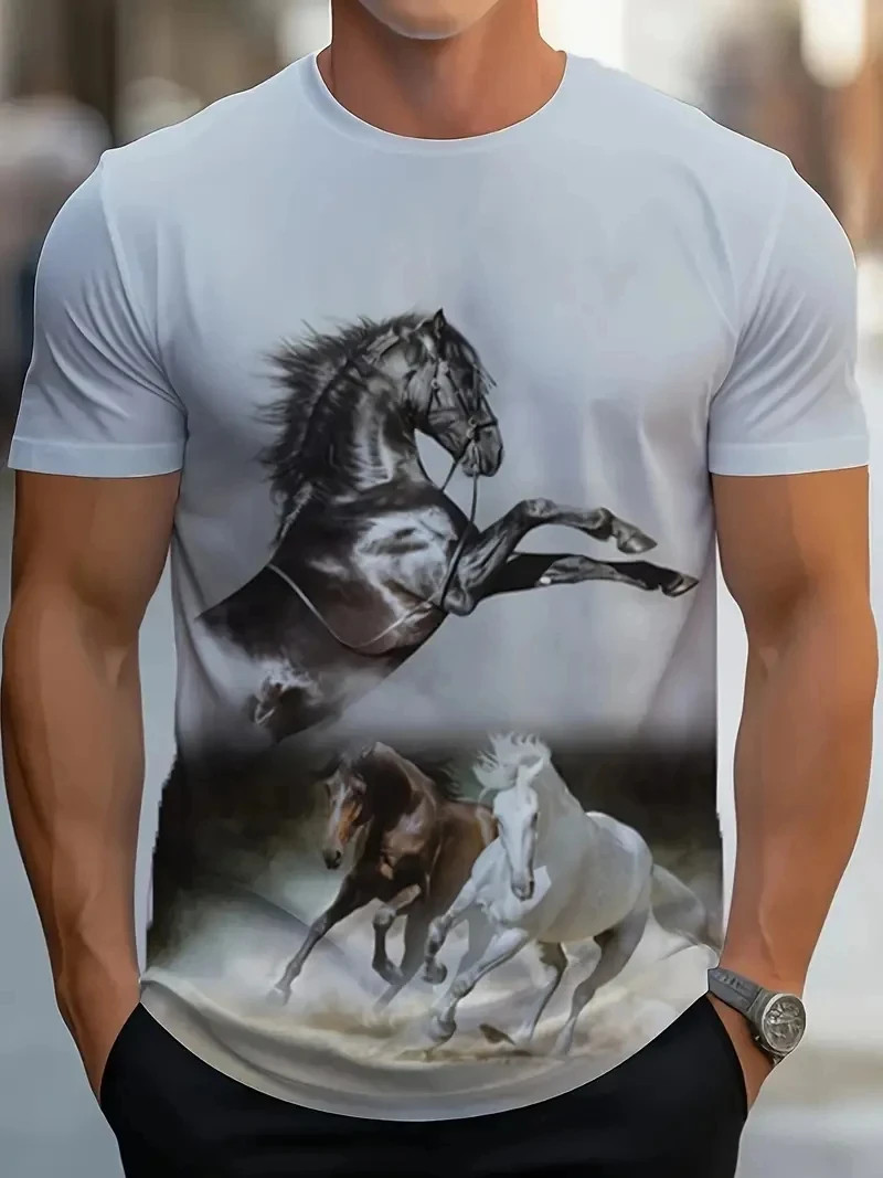 Mens 3D Horse Graphic T-Shirt Short Sleeve Animal Print Streetwear Tee gallery